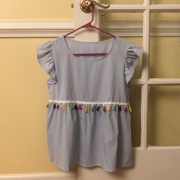 Blue and White Striped Multi Color Tassel Top Size Small - Picture 2 of 13